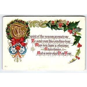 Vintage 1912 Embossed Christmas Postcard with Holly and Wreath